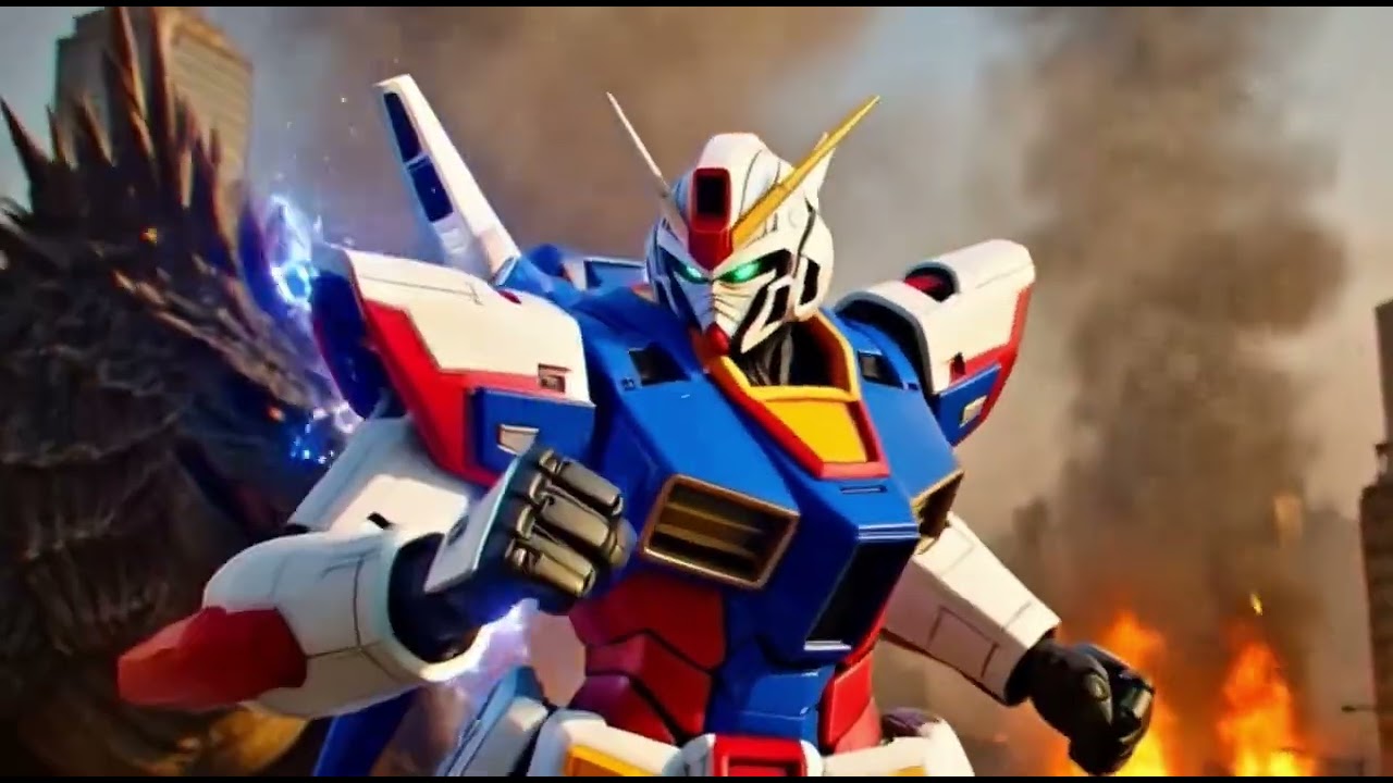 AI創作-溫刀鐵道村鋼彈擊敗酷斯拉AI Art-Gundam defeats Godzilla🤖🦖