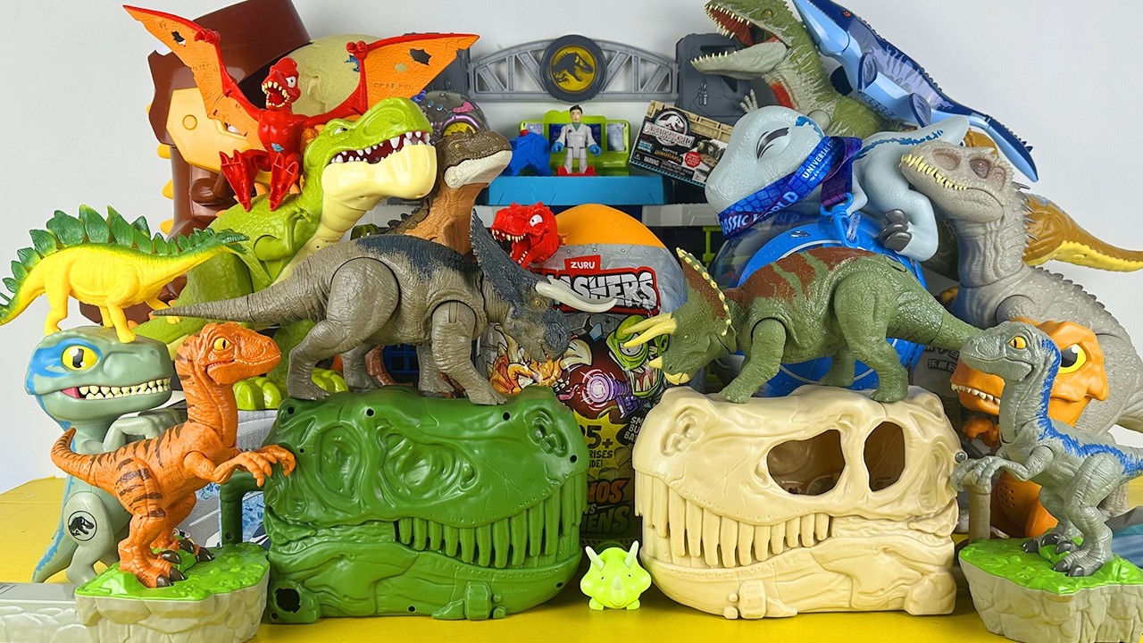 ASMR Satisfying Unboxing Jurassic World Rebirth T-rex Skull Triceratops Raptors Giga Smashers Rocket