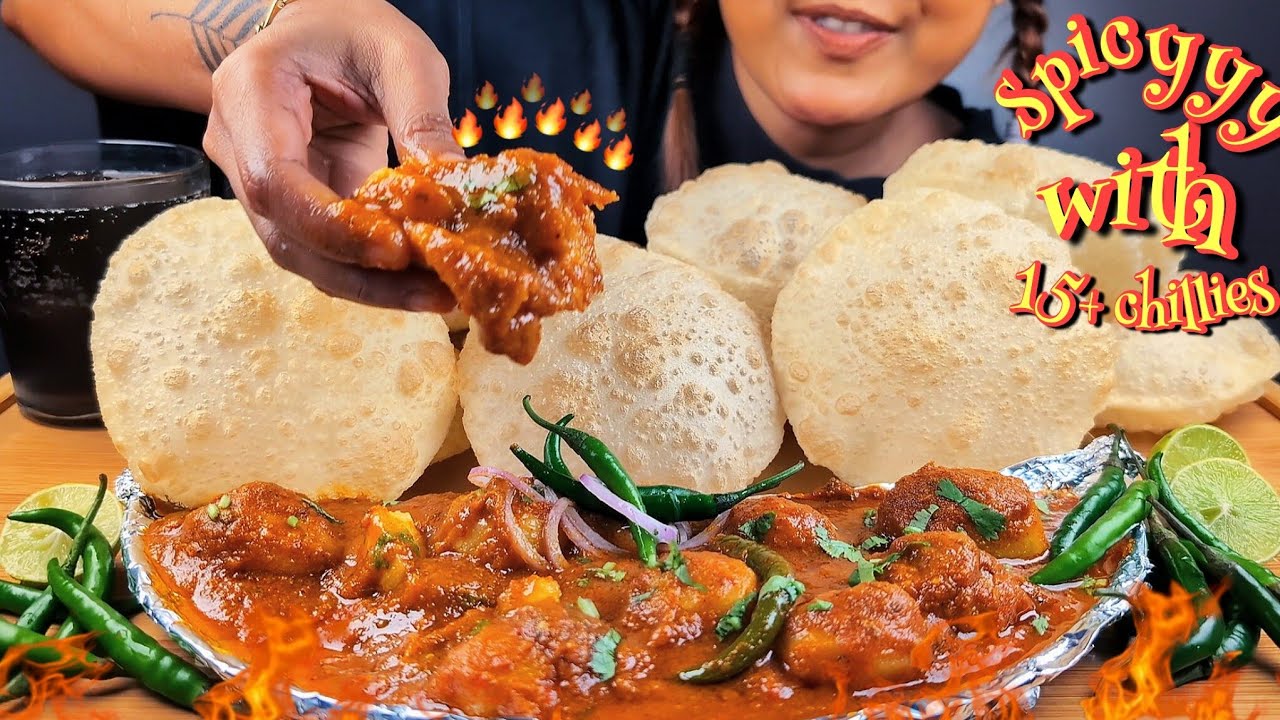 COOKING & EATING FULKO LUCHI WITH SPICY ALOO DUM | LUCHI ALOO DUM EATING CHALLENGE WITH 15+ CHILLIES