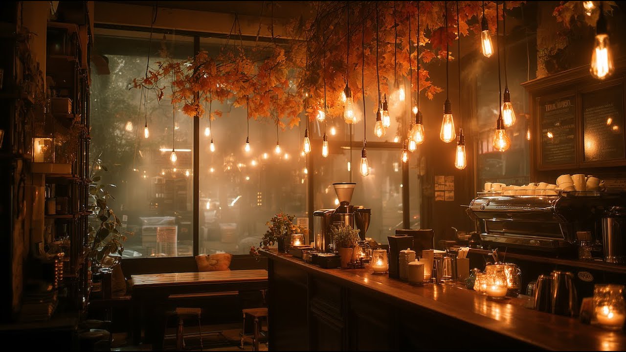 Cozy Coffee Shop in Autumn – Light Jazz & Rain Against Window