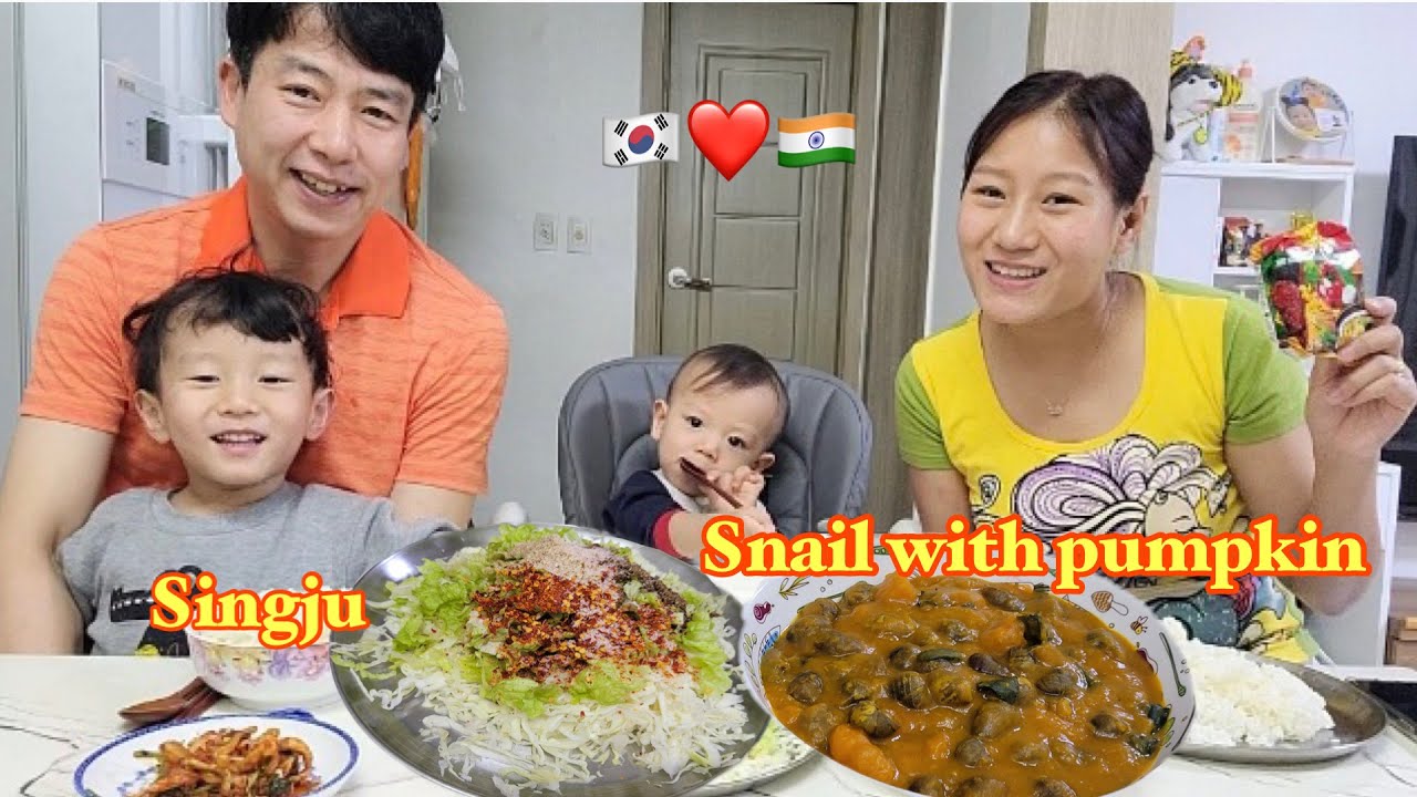 Korean husband first time trying Snail with pumpkin curry🤤 🇰🇷❤🇮🇳