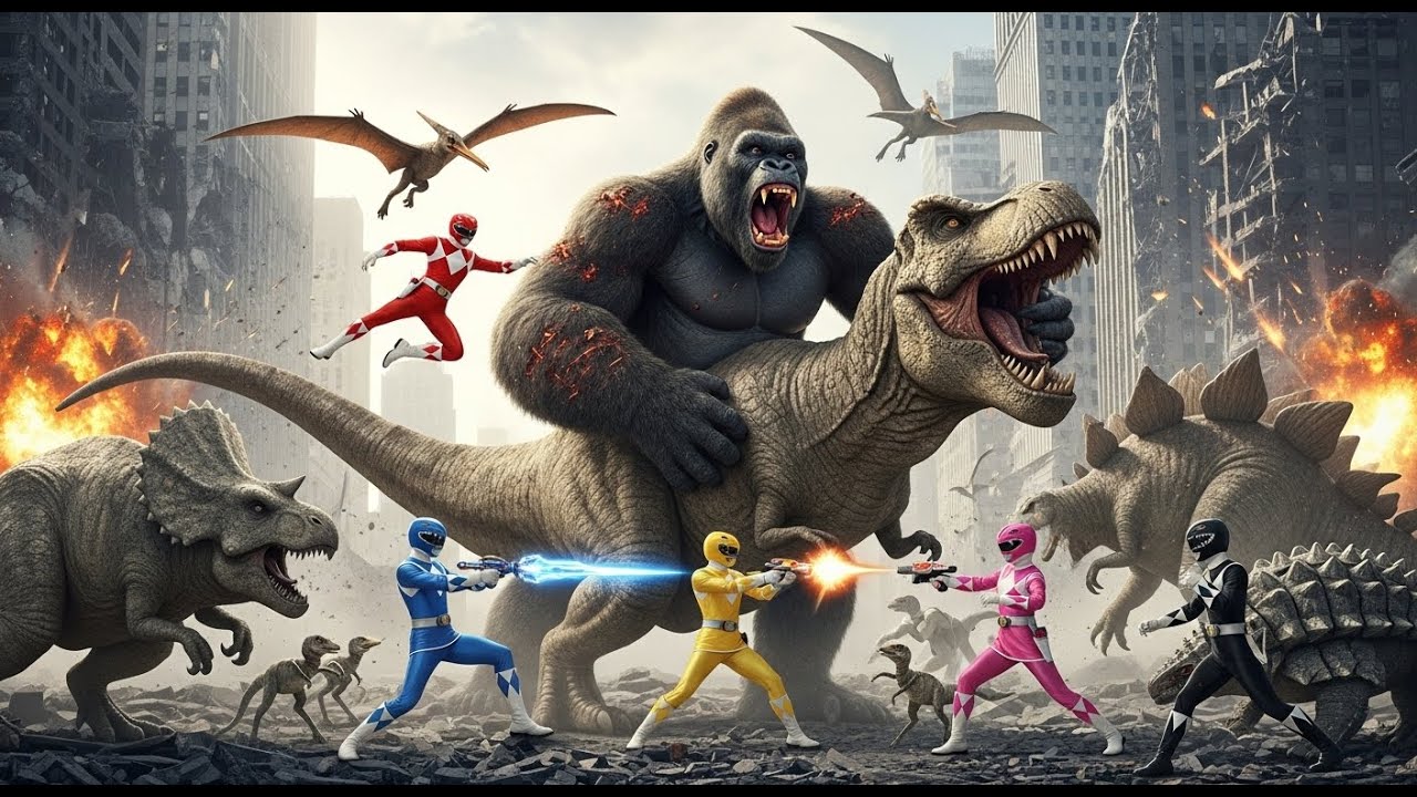 5 Power Rangers and King Kong Fight Against the Stone Dinosaur: Secrets of the Underground.