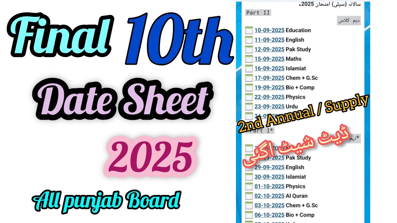 Matric Supply Date Sheet 2025 | Class 9 And 10  Supplementary Date Sheet 2025 |2nd Annual Date Sheet