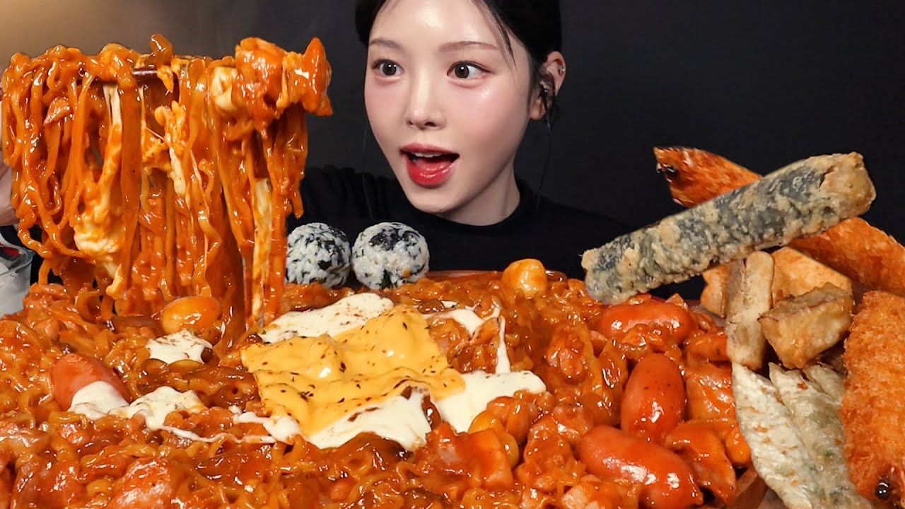 SUB)꾸덕매콤 두찜 불닭로제찜닭 먹방! 왕새우튀김 김말이 납작만두까지 꿀조합 리얼사운드 Buldak Rose Jjimdak Mukbang Asmr