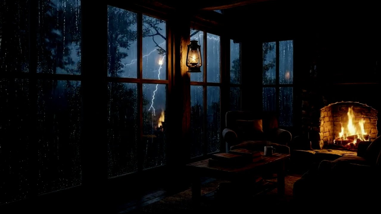 Warm Fireplace in Cozy Cabin | Rain Sounds at Night for Deep Rest