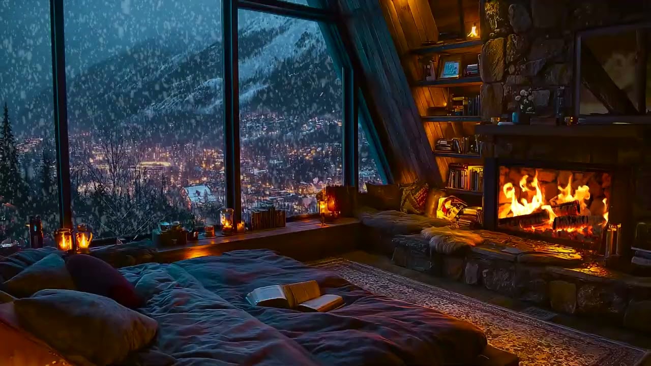 Quiet Winter Cabin Night Featuring Soft Fire Sounds and Snowfall for Deep Sleep and Studying