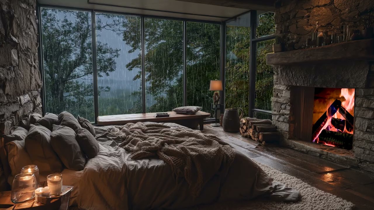 Rain Outside, Fireplace Inside with Piano | Cozy Rain Room for Sleep, Study and Relaxation