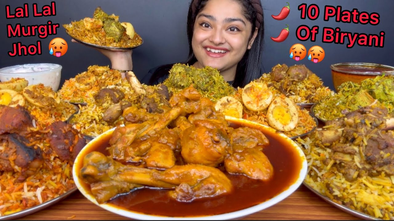 10 PLATE BIRYANI EATING 🥵 MUTTON BIRYANI, CHICKEN BIRYANI AND EGG BIRYANI WITH SPICY LAL MURGIR JHOL