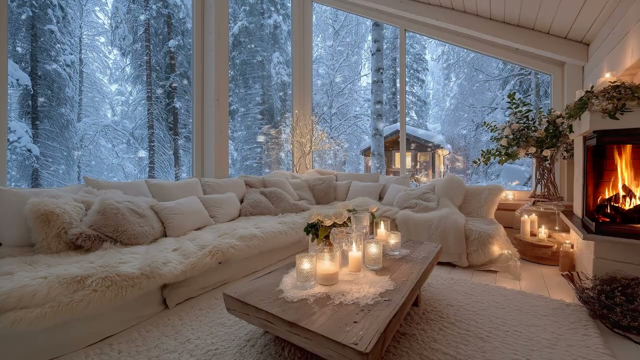 ❄️ Gentle Winter Piano Lounge | Candlelight Fire & Snow 4 Hours | Relaxing Focus, Study & Work Music