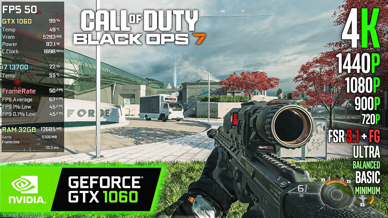 GTX 1060 | Call of Duty: Black Ops 7 &mdash; 4K, 1440p, 1080p, 900p, 720p, FSR 3.1 + FG &mdash; Ультра, Балан...