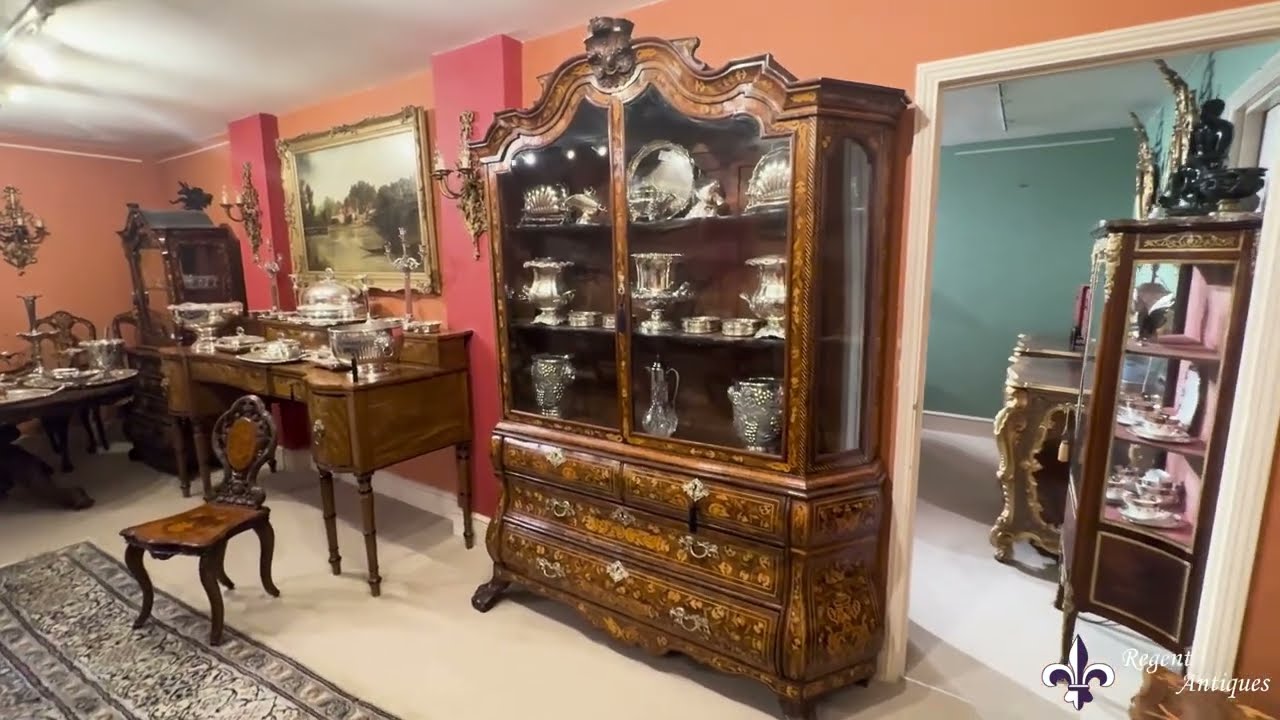 Antique Dutch Marquetry Inlaid Walnut Display Cabinet 18th Century
