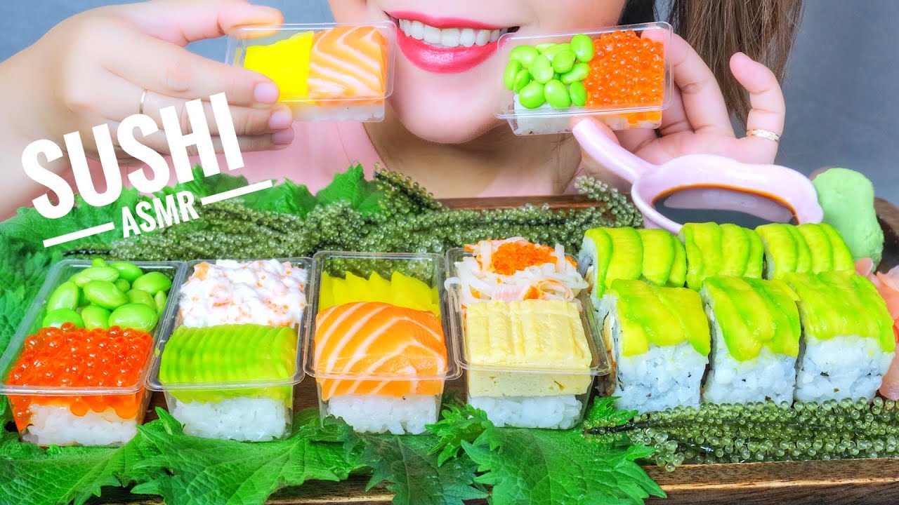 ASMR EATING SUSHI ( SALMON , EGGS , AVOCADO , BEAN , SEAGRAPES), EATING SOUNDS | LINH-ASMR