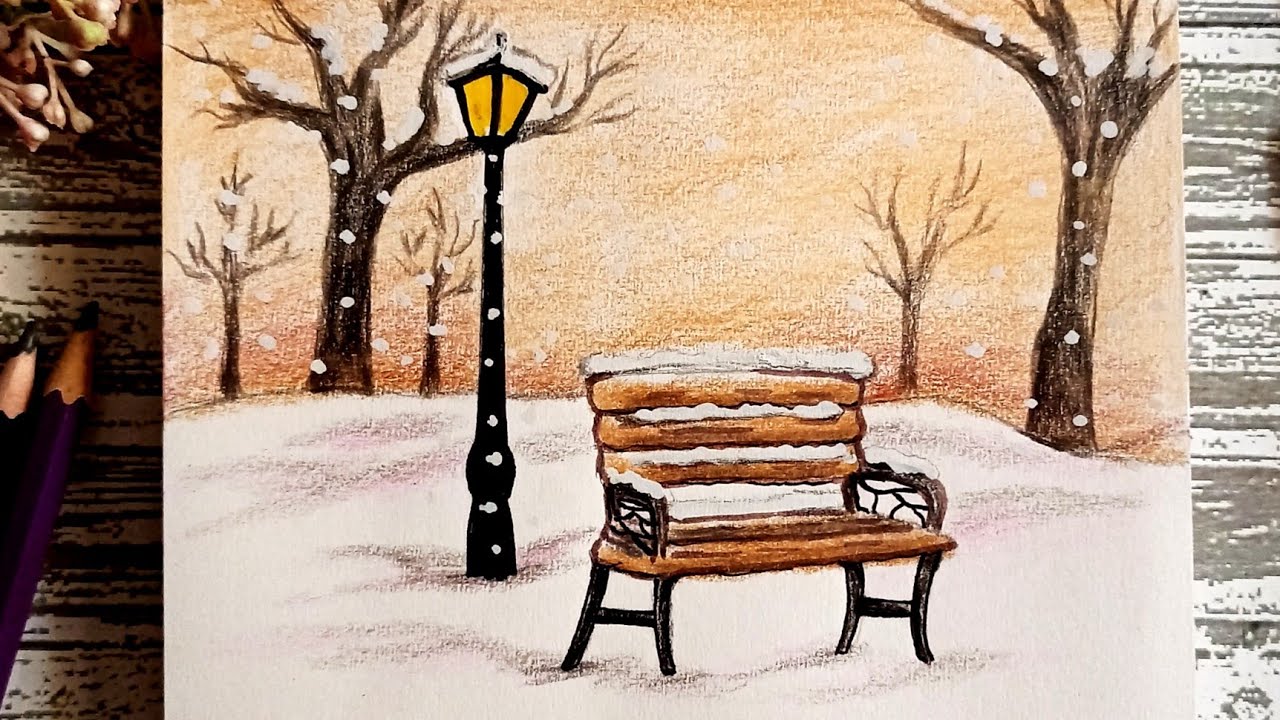 رسم منظر طبيعي بالألوان | رسم منظر ثلج | رسم منظر طبيعي بالألوان الخشبية | Drawing snowfall scenery