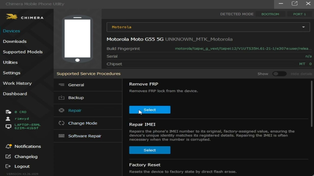 Motorola G55 5G ,FRP unlock chimera tool