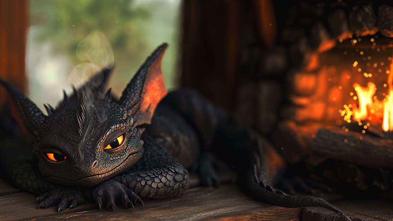 Cozy Cabin Retreat 🏡🔥 Purring Black Dragon 🐉 Warm Fireplace & Soothing Forest Ambience