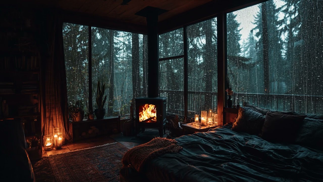 Rain Falling in the Dark Forest 🌧️🔥 Cozy Bedroom with Wood Stove Crackling for Deep Sleep
