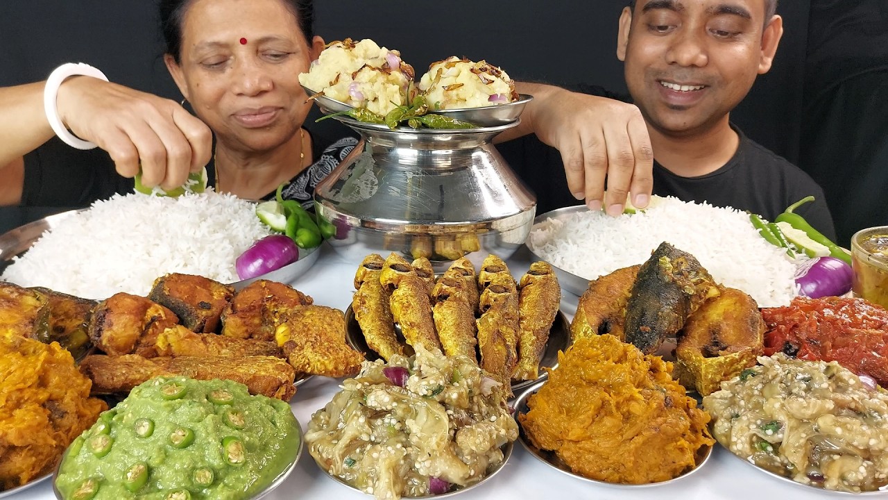 FOOD SHOW , FISH FRIES , BHARTA WITH BASMATI RICE MUKBANG ASMR