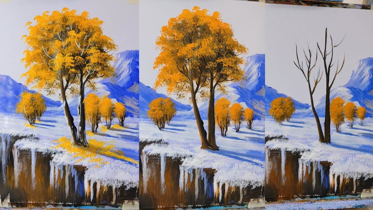 How to Paint Snowy Mountains with Golden Autumn Trees | Easy Acrylic Landscape Tutorial 🎨❄️🍂 