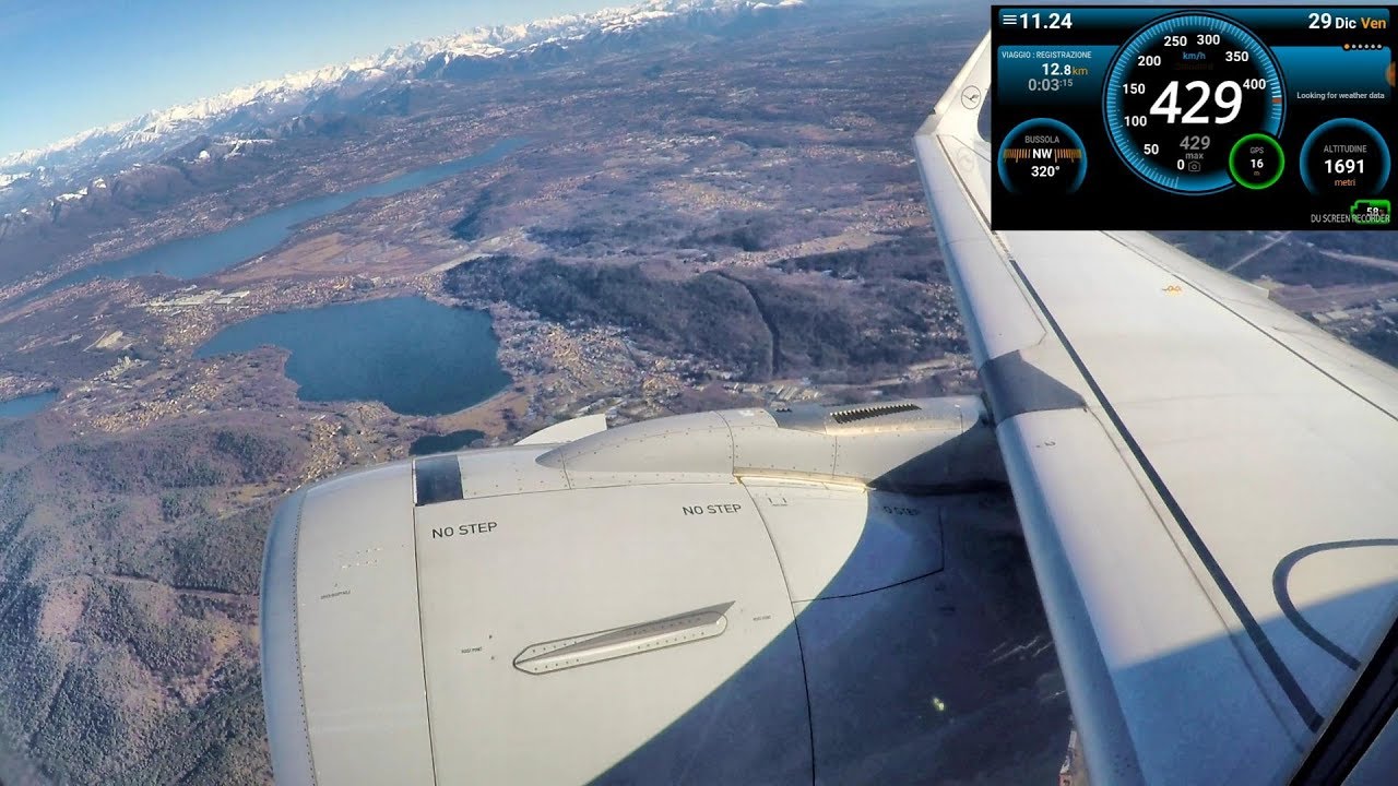 Takeoff Speed Recording. Airbus A320 Flying on Alps to Frankfurt