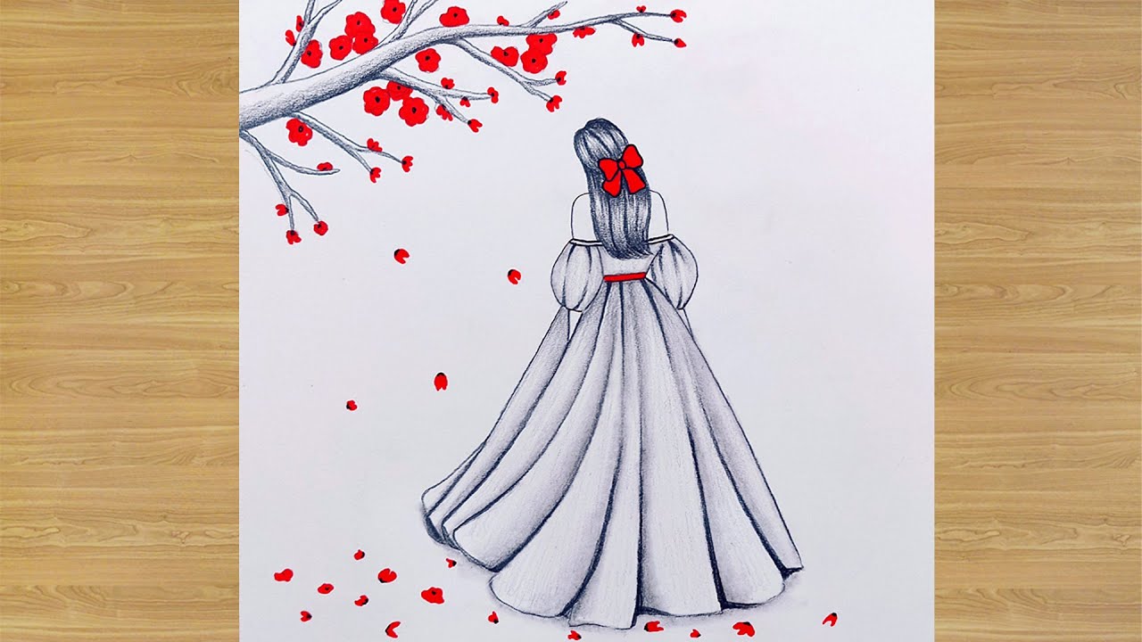 How to draw a cute Girl with Red Tree -Pencil sketch || Drawing easy for beginner || Girl drawing