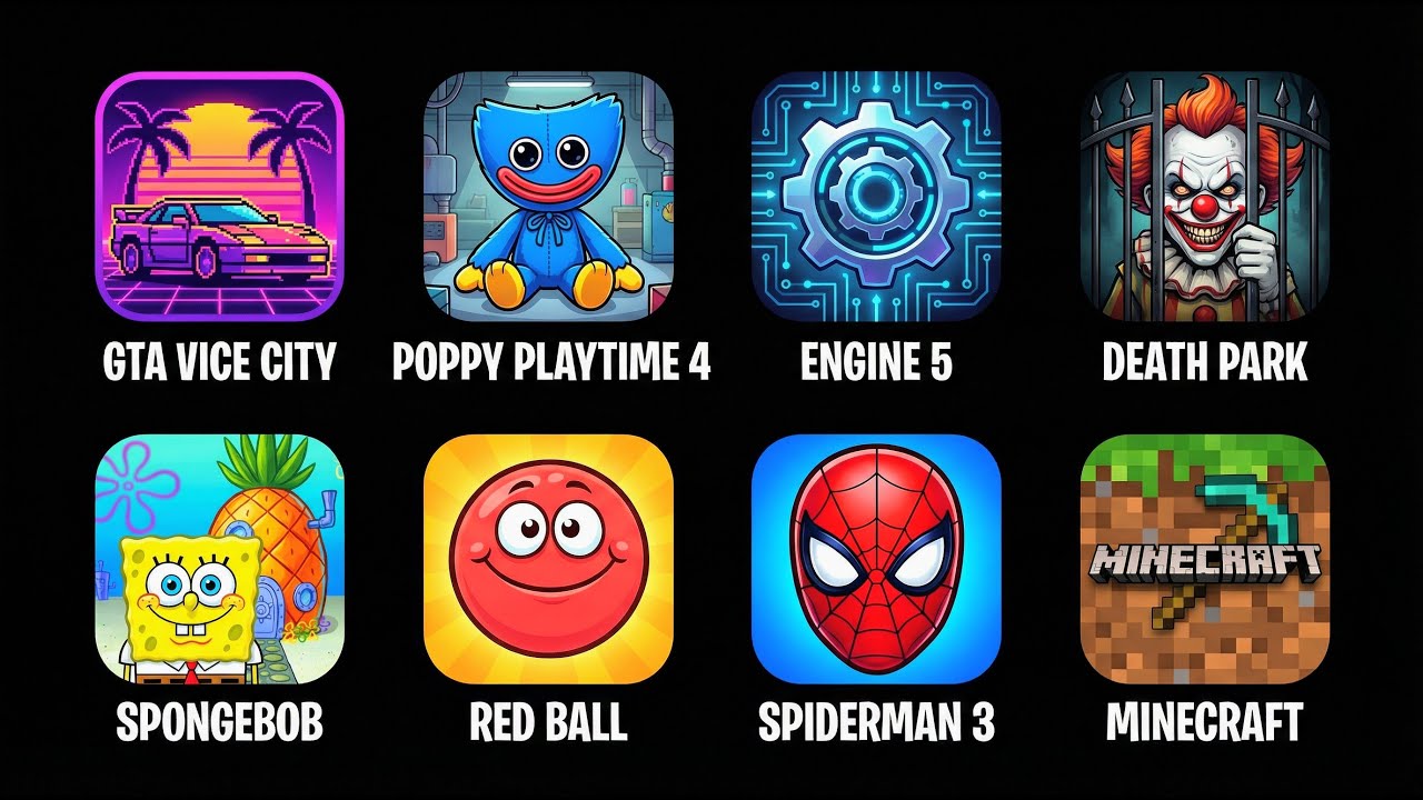 Spiderman Fight 3, SpongeBob, Red Ball, GTA Vice City,  Poppy Playtime 4, Death Park, Minecraft