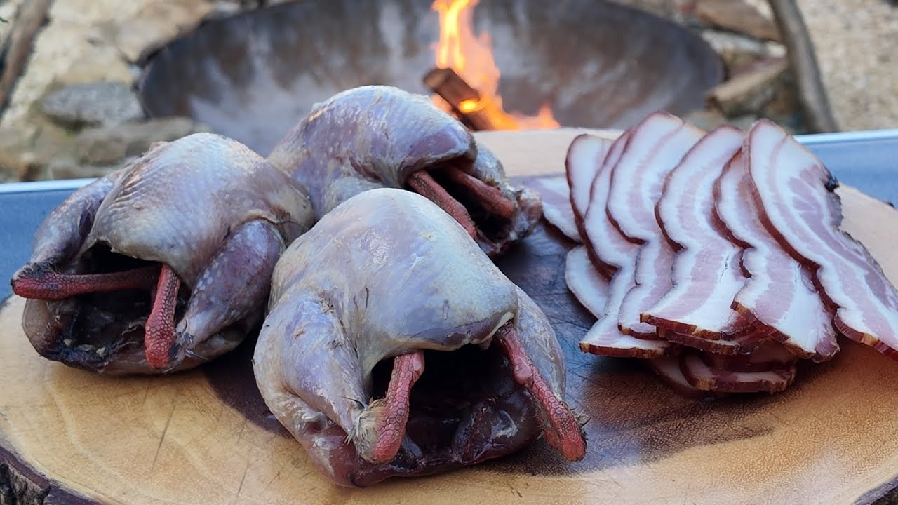 Spit roast Partridge cooked over the fire 