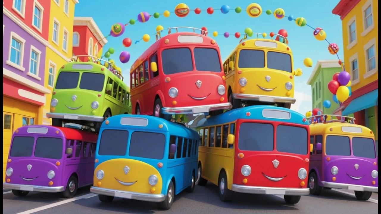 Cinq petits bus jouets font Bip Bip Bip | Chanson de transport pour enfants