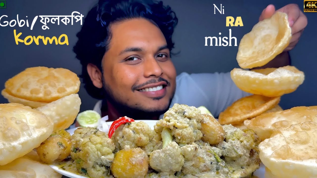 EATING LUCHI/PURI WITH GOBI MASALA(FULKOPI KORMA)AND SALAD|SPICY SHOW|লুচি দিয়ে ফুলকপি করমা 😋|