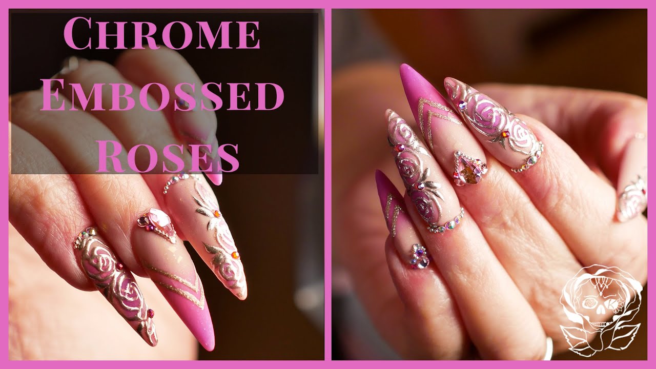 Chrome Embossed Roses Nail Design