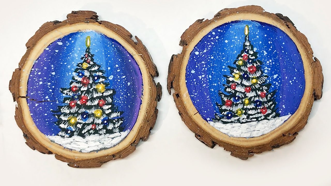 Christmas Tree painting | Wood Slice Painting for Beginners | How to Paint Snowy Acrylic Trees
