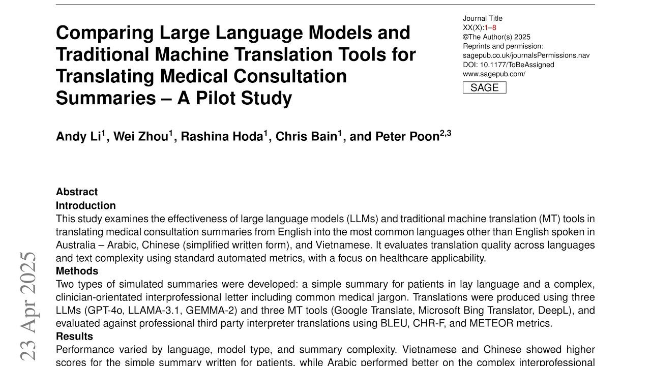 Comparing Large Language Models and Traditional Machine Translation   Tools for Translating Medical