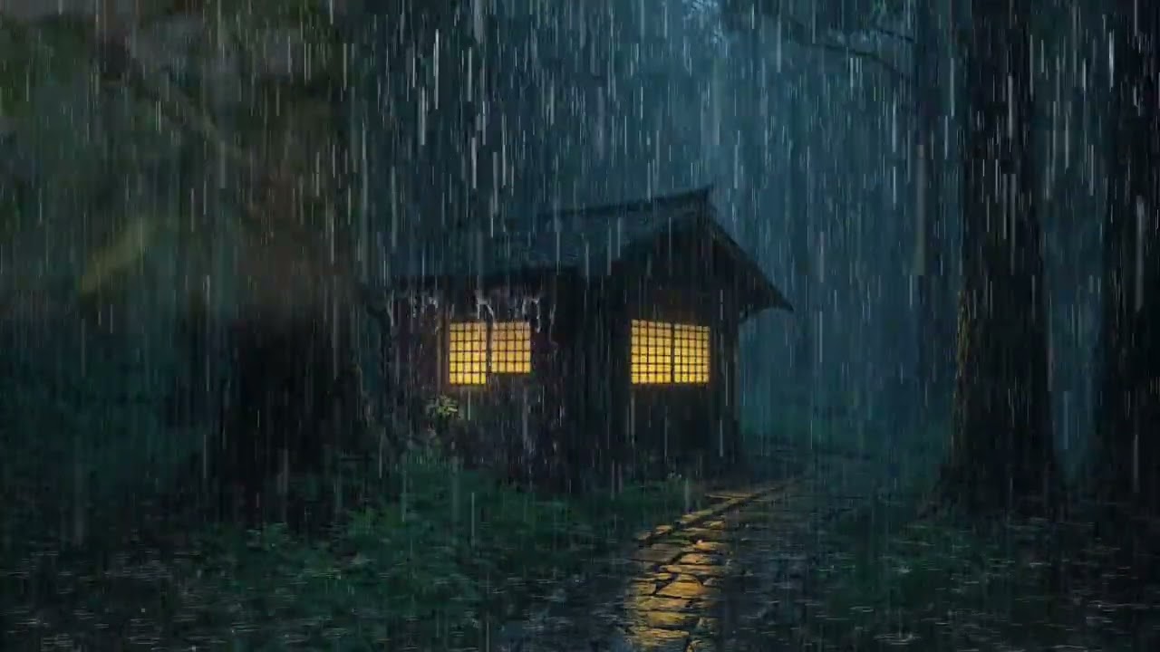 Lull to Sleep with White Noise of Heavy Rain and Thunder Sounds on a Tin Roof in Rainforest at Night
