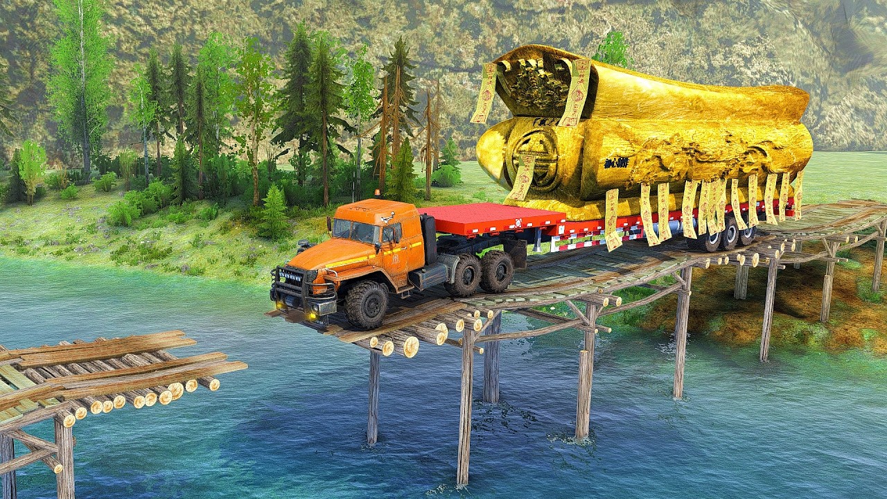 Amazing Moment a Huge Logging Truck Crosses a Broken Bridge