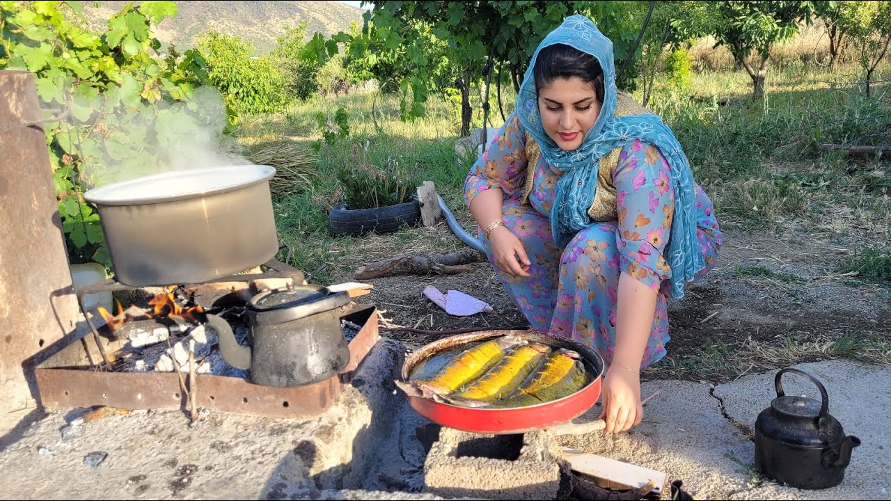 Cooking salmon, liver and lamb's heart in Iranian village style