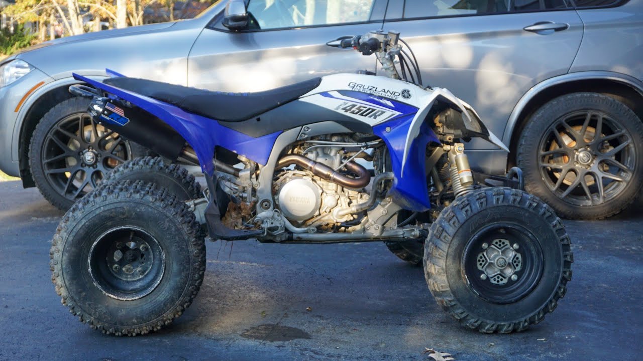 Yfz450r Rossier R4 Exhaust from Stock (No spark arrestor) Comparison and first ride