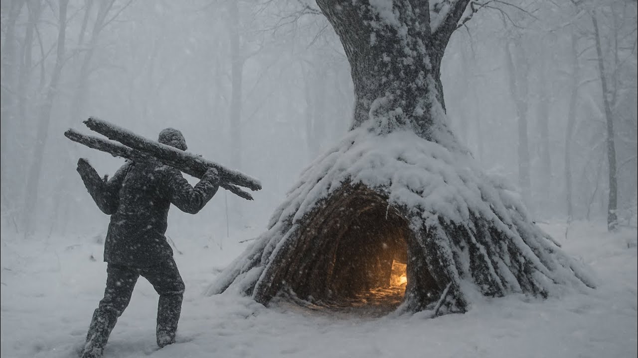 Winter Bushcraft Camping in Heavy Snow - Survival Skills & Building a Warm Shelter in fallen tree