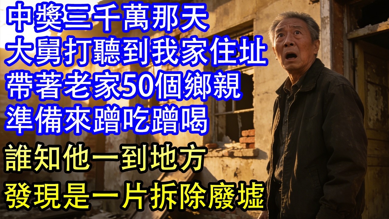 中獎三千萬那天大舅打聽到我家住址帶著老家50個鄉親準備來蹭吃蹭喝誰知他一到地方發現是一片拆除廢墟