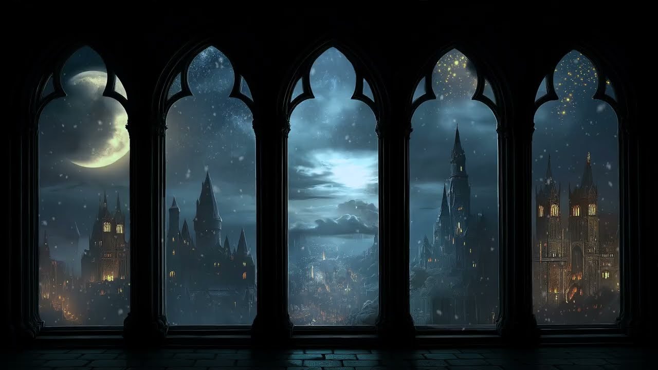 Hogwarts Snowy Castle Window Night | Relaxing Winter Ambience & Gentle Wind Sounds for Focus & Study