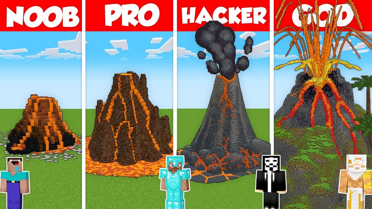 VOLCANO BASE HOUSE BUILD CHALLENGE - Minecraft Battle: NOOB vs PRO vs HACKER vs GOD / Animation