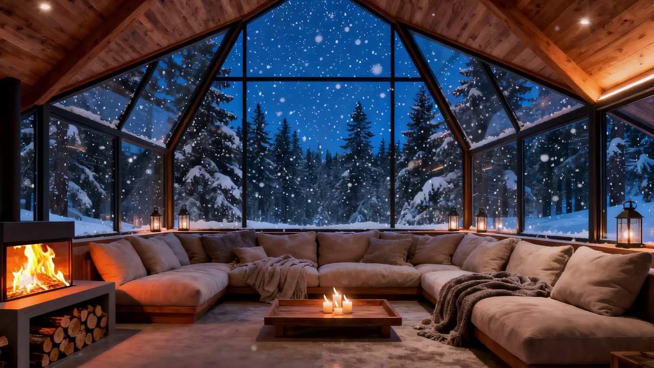 Minimalist Glass A-Frame in Snow 🔥 Cozy Winter Focus Ambience