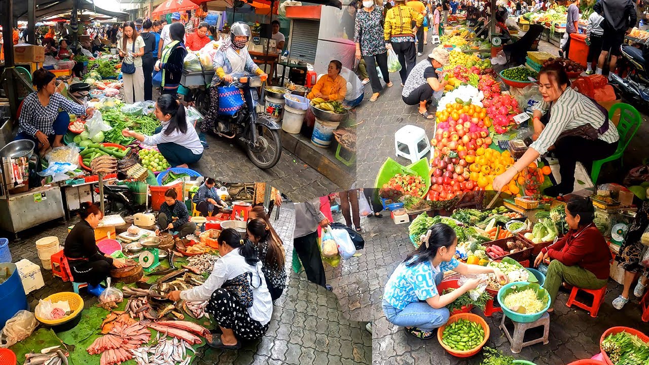 Cambodia Fresh Food Market Tour, Pork, Fish, Vegetables, Fruits Boeung Trabek Market, Phnom Penh