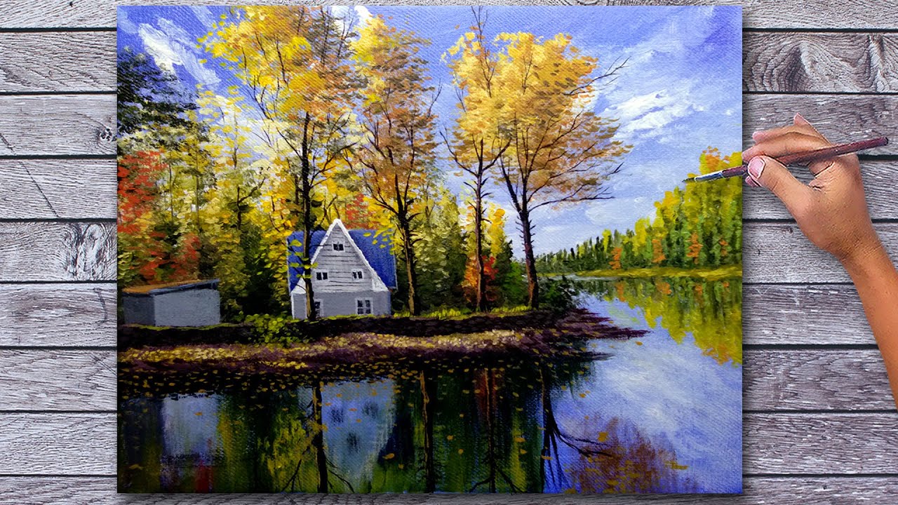 Acrylic Landscape Painting Time-lapse / Calm Lake with Beautiful House / Fine Art