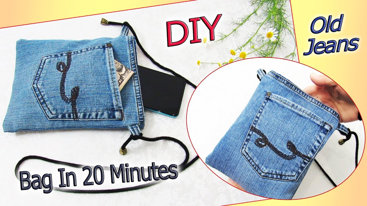 DIY Simple Small Bag Purse With Lining Out Of Old Jeans In 20 Minutes - Old Jeans Transform Into Bag