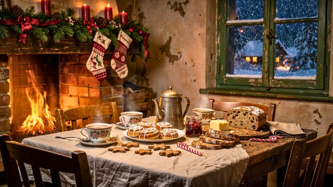 Snowy 1950s Winter Night ❄️ Oldies Playing in Another Room | Vintage Fireplace & Quiet Snowfall