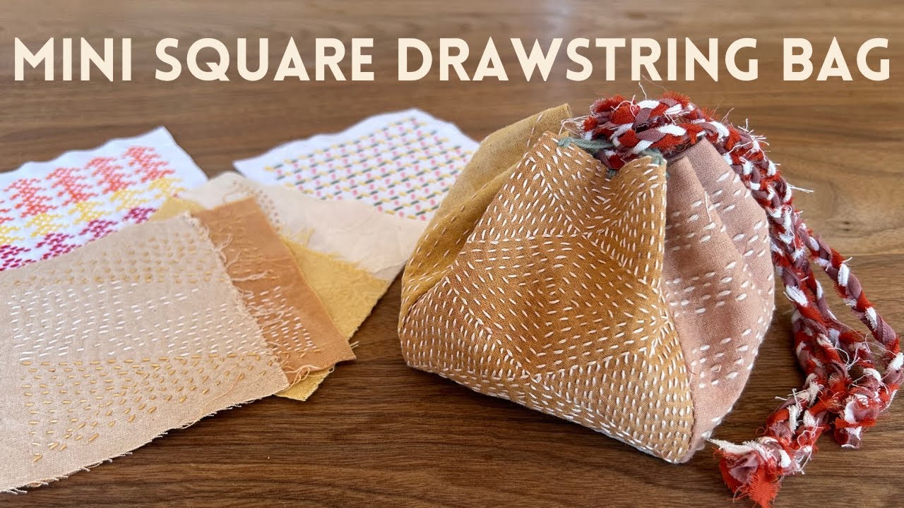 I made a super cute mini square drawstring bag with my slow stitch pieces!