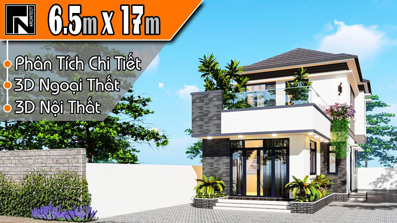 TNA119 - Mẫu nhà 2 tầng đẹp mái nhật 6.5x17m với 4 phòng ngủ | Kiến trúc TN
