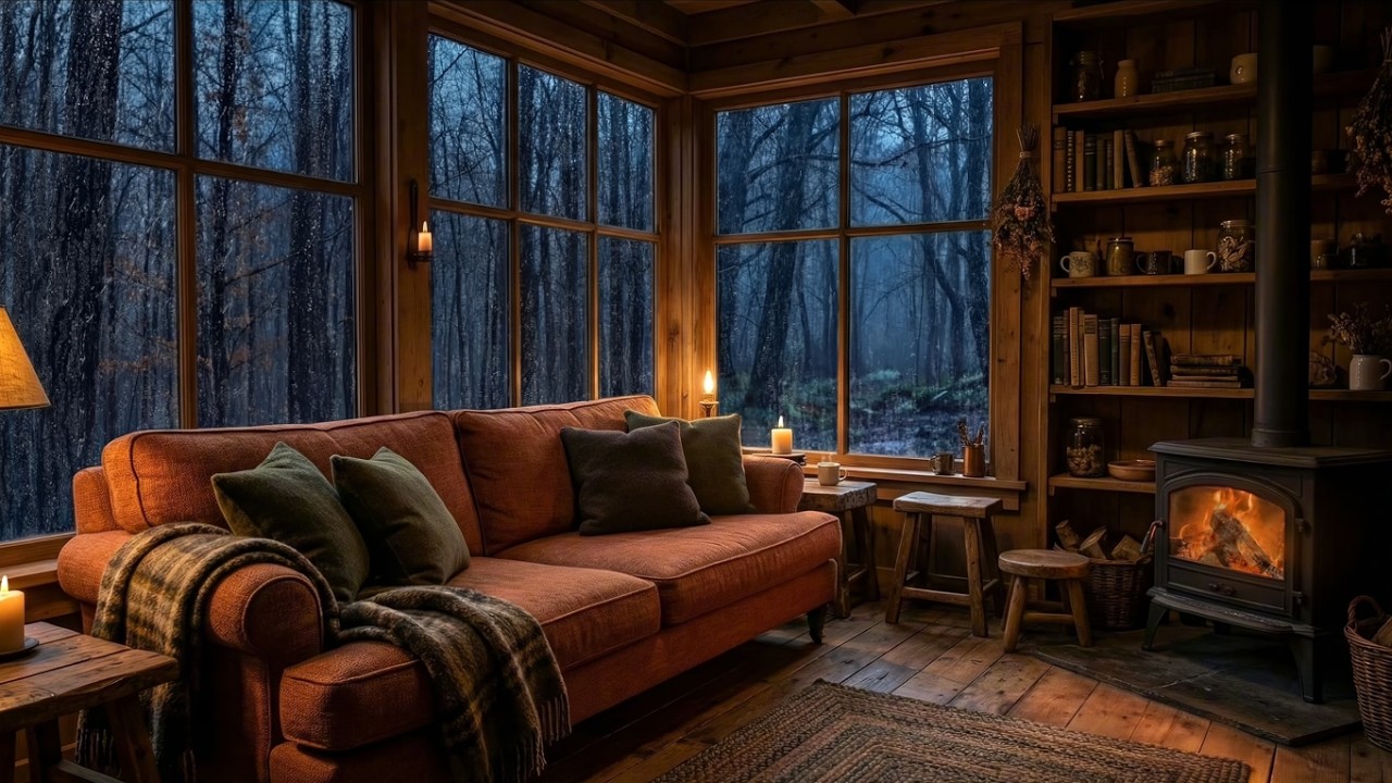 A Quiet Night in a Forest Cabin, Wrapped in Winter Rain and Crackling Firewood｜ASMR Peaceful Rest