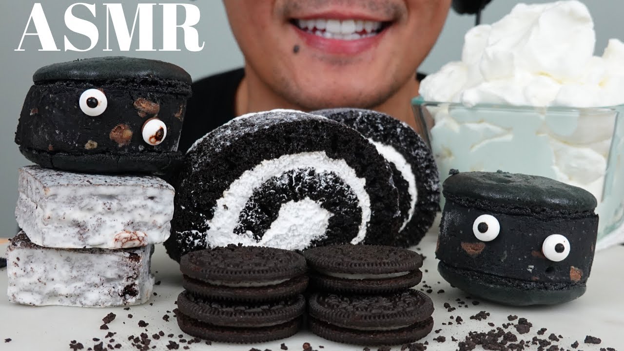 ASMR | Charcoal Ice Cream + Chocolate Roll Cake | Eating Show