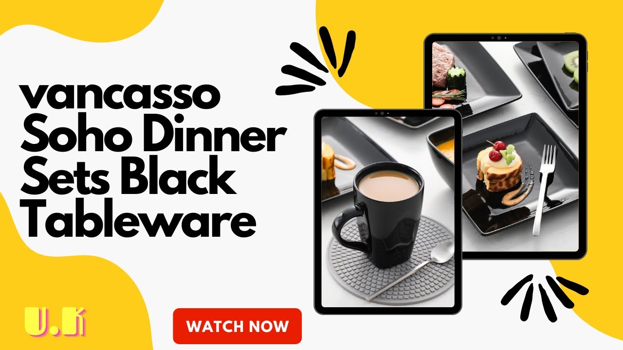 Vancasso Soho Dinner Sets Black Tableware, Square Plates Stoneware Dinnerware Set, 16-Piece