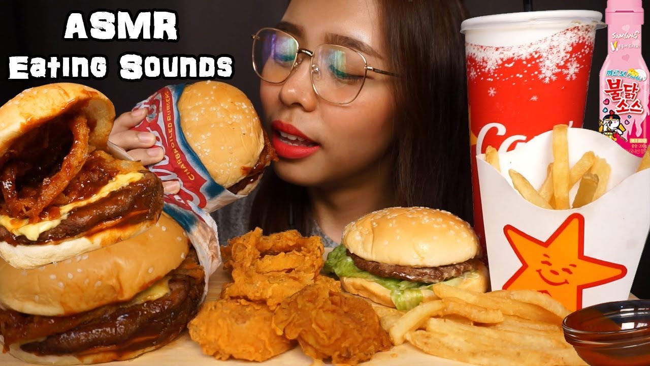 ASMR Carl's Jr. Memphis BBQ Burger, Onion Rings, & More | Crunchy Eating Sounds | No Talking